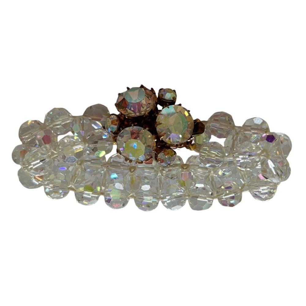 Bracelet Aurora Borealis Facet Crystal Bead Double Strand Rhinestone Closure Vtg - Picture 11 of 12